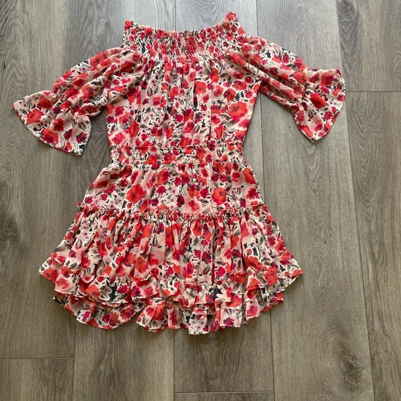 MISA LOS ANGELES RED FLORAL OFF THE SHOULDER MINI SUMMER SUN DRESS SIZE MEDIUM - Picture 4 of 6